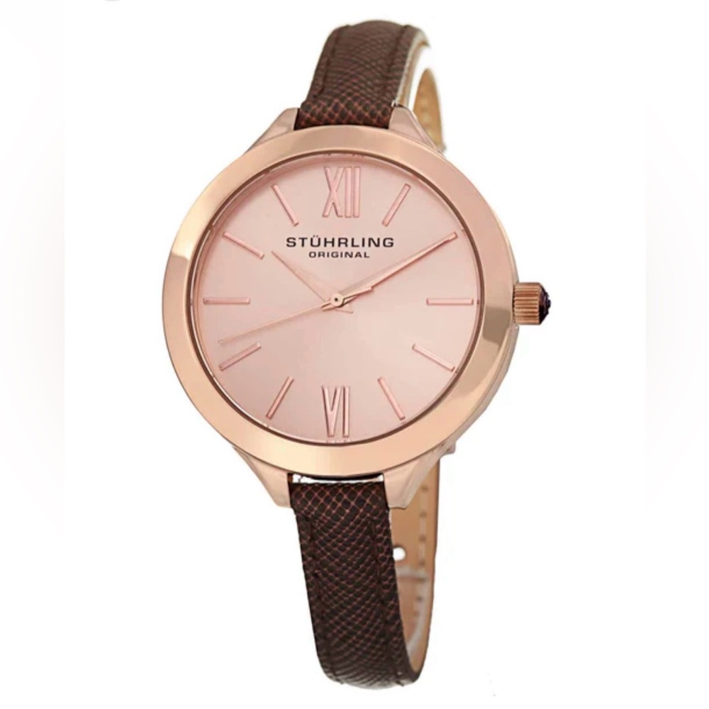 Stuhrling Original Vogue 975 Rose Gold Watch with Brown Leather Strap